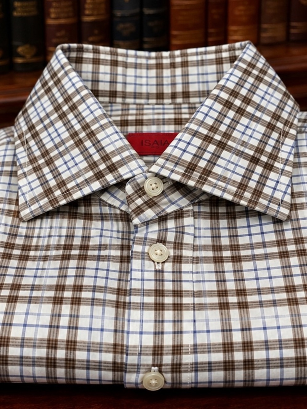 Isaia Brown and Blue Windowpane Plaid Dress Shirt